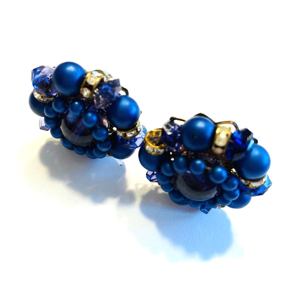 Vintage Mid Century Clip On Earrings Blue Bead & White Rhinestones Clusters - Picture 8 of 8